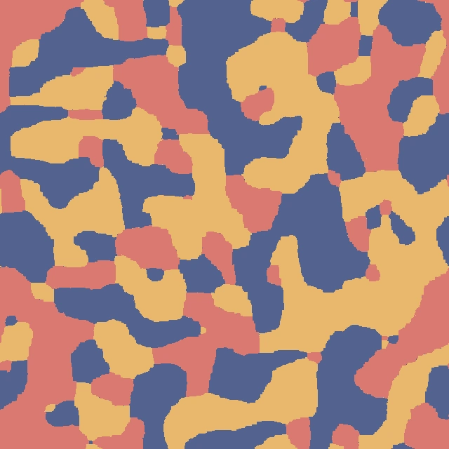 Square lattice sample at beta three, where large monochromatic blocks emerge