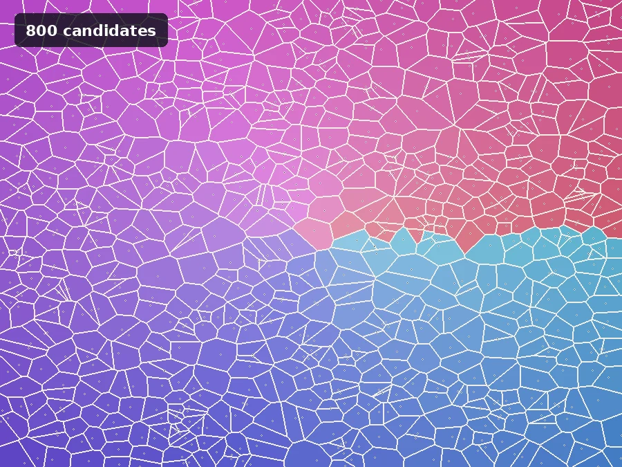 Animated Voronoi deletion election in a square shrinking from eight hundred candidates to one winner